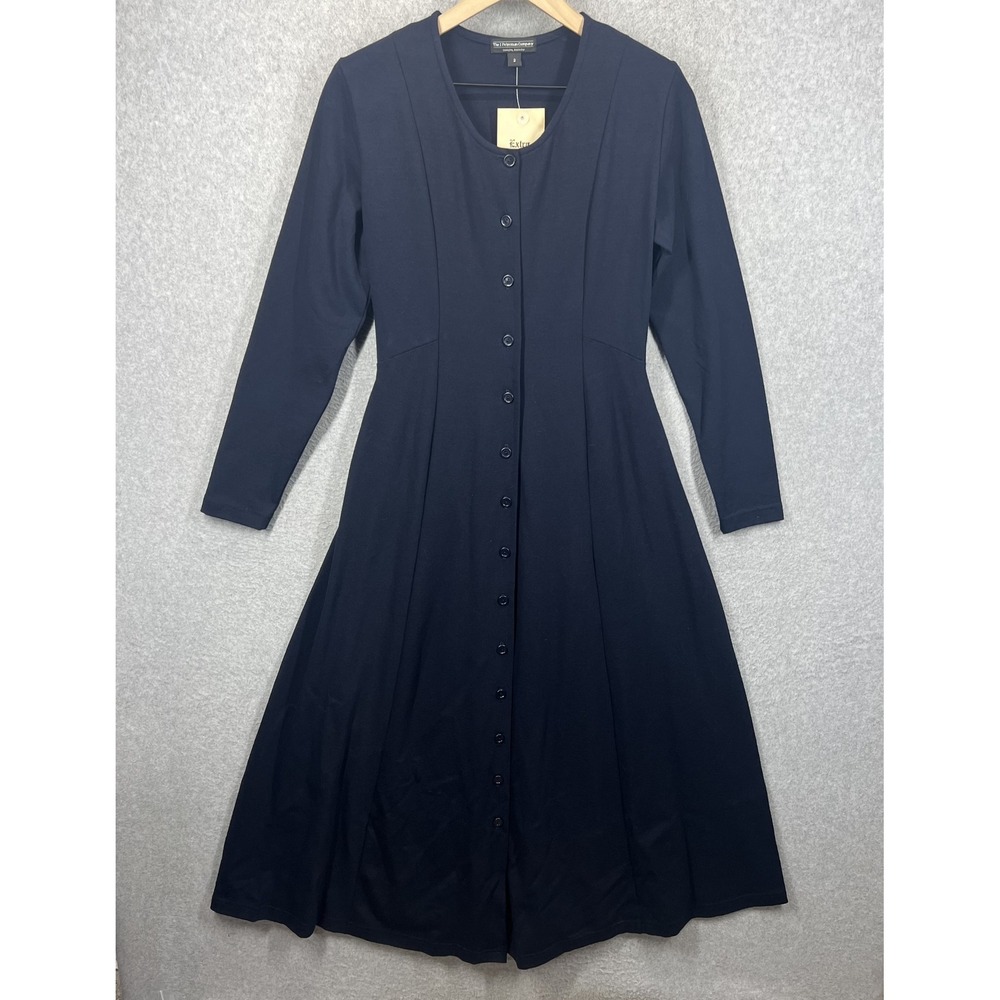 J Peterman‎ Button Down Midi Fit Flare Dress Womens 2 Navy Blue Long Sleeve NWOT